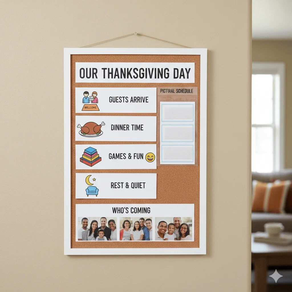 thanksgiving day visual schedule board with pictorial icons showing guests arrive dinner time games rest and who’s coming designed to support memory cognition and communication for stroke tbi dementia and aphasia