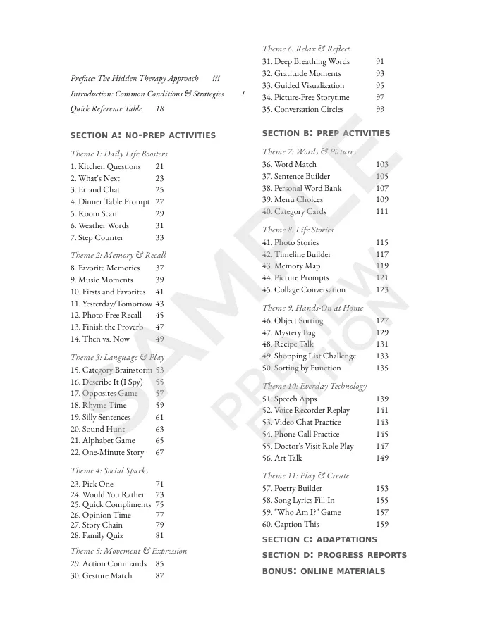 Hidden Therapy table of contents covering 60 activities supporting Parkinson's, stroke recovery, TBI, and more