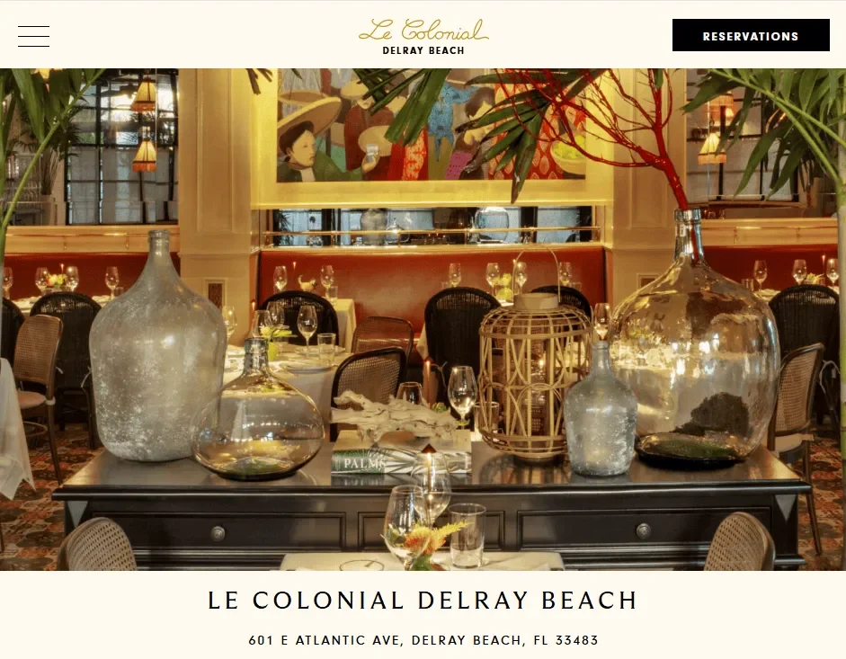 Le Colonial Delray Beach on Atlantic Avenue with elegant dining room décor, a restaurant where softer Vietnamese dishes can be chosen to support safe swallowing and dysphagia-appropriate meal planning.
