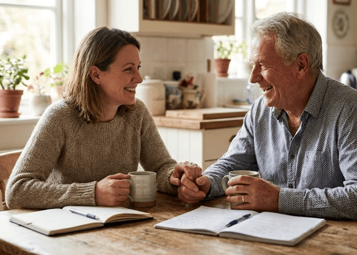 Picture of a daughter and her father laughing at the kitchen table over exercises in Hidden Therapy.