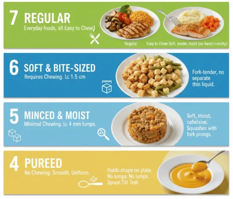 IDDSI dysphagia food levels chart showing Levels 7, 6, 5, and 4 with examples of regular, soft and bite-sized, minced and moist, and pureed foods, used to guide safe swallowing and meal choices for speech therapy and dysphagia care in Delray Beach.