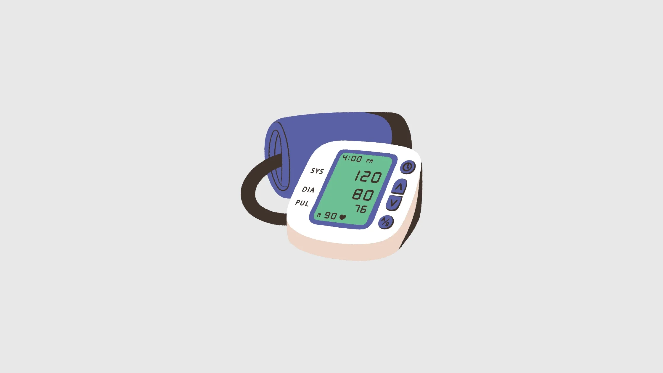 Digital blood pressure monitor displaying systolic, diastolic, and pulse readings used in neurological follow-up care.