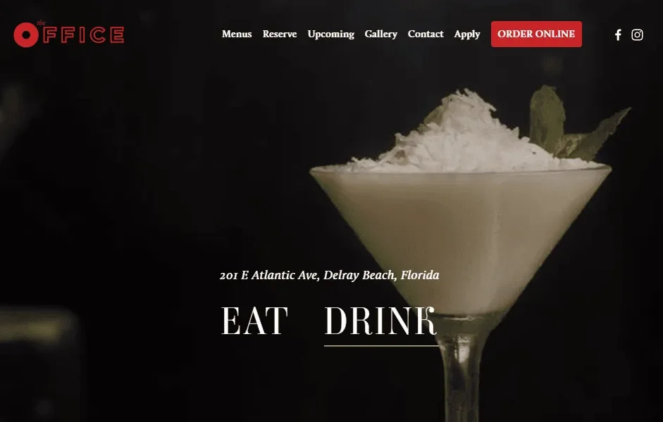 The Office on Atlantic Avenue in Delray Beach featuring a cocktail, highlighting a restaurant where diners with dysphagia may need guidance on safe swallowing strategies from a speech therapist.