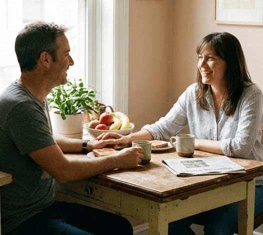 Couple sitting at the kitchen table practicing Hidden Therapy exercises together for better cognitive communication.