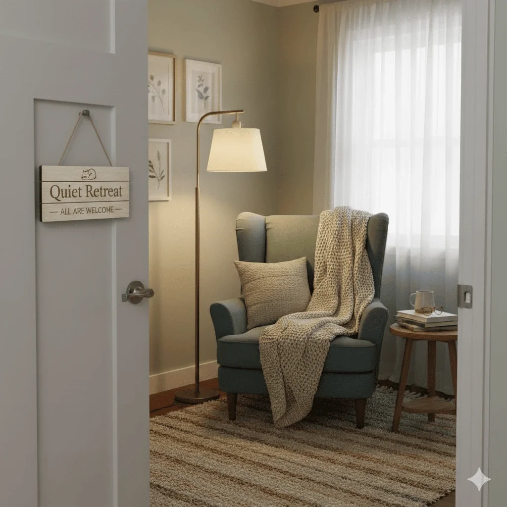 calming quiet retreat room with soft lighting comfortable chair blanket and sign on door showing sensory friendly space for people with stroke aphasia parkinsons dementia