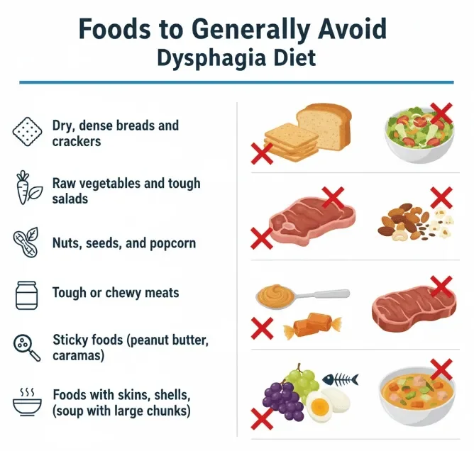 Dysphagia diet chart showing foods to avoid, including dry breads, raw vegetables, nuts, tough meats, sticky foods, and items with skins or shells, used for safe swallowing guidance by speech therapy professionals in Delray Beach.
