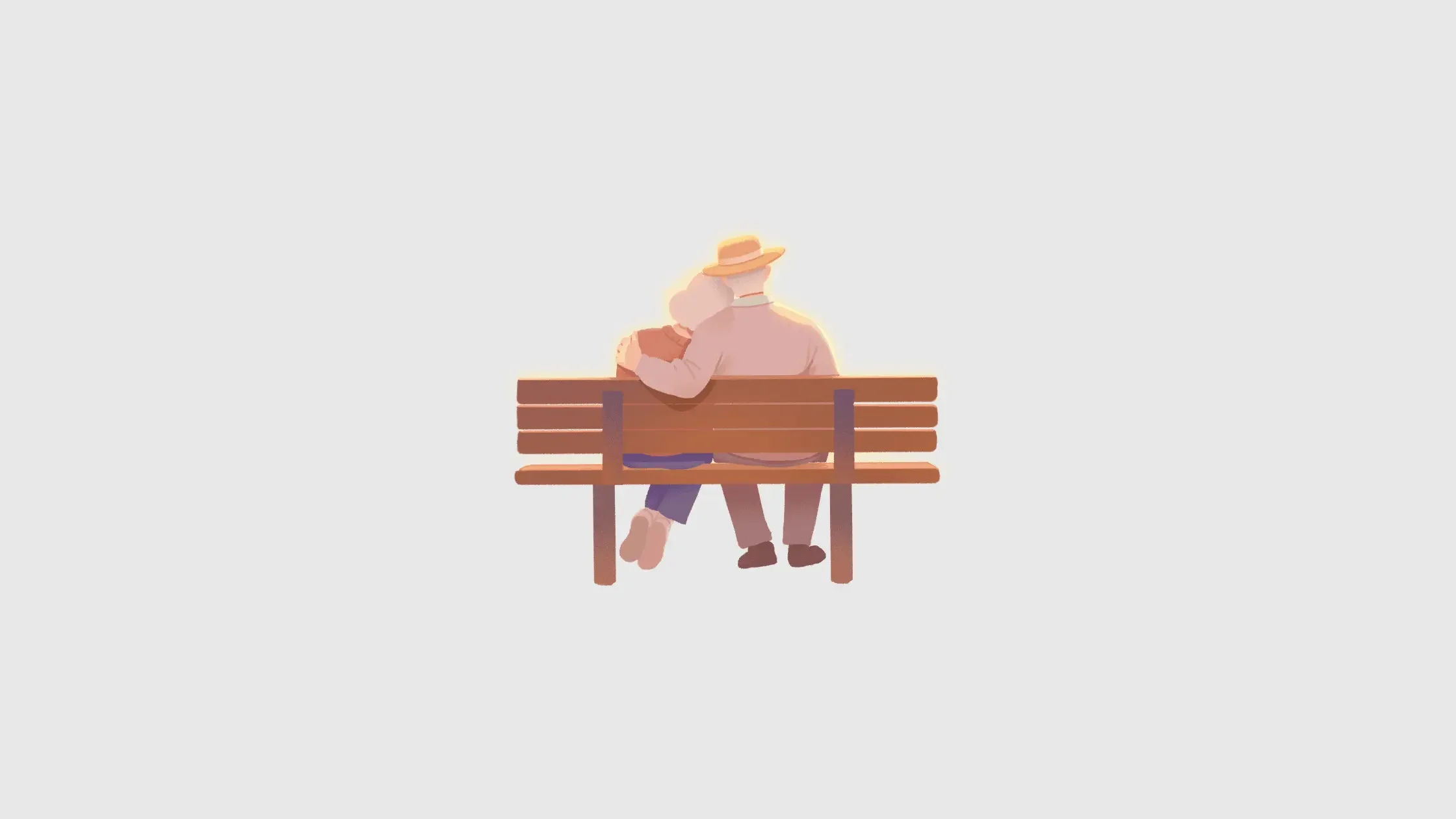 Illustration of an older couple sitting together on a bench, representing the daily-life impact of Parkinson’s
