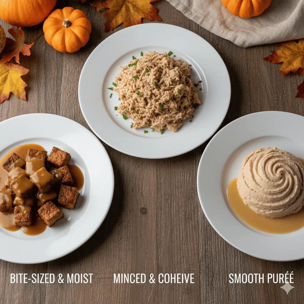 bite sized moist turkey minced cohesive turkey and smooth puree for safe swallowing support during holiday meals