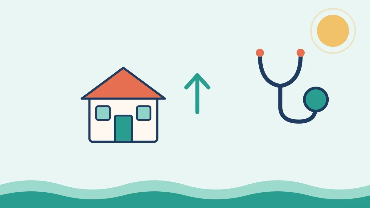 Illustration of a home, arrow, and stethoscope representing home health versus outpatient speech therapy pathways under Medicare
