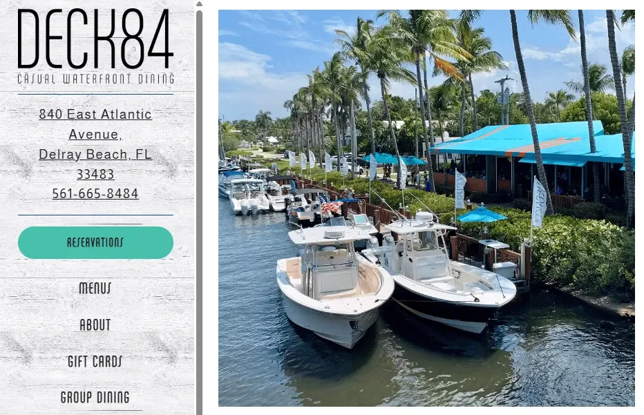 Deck 84 on Atlantic Avenue in Delray Beach, showing outdoor waterfront dining where soft, easy-to-swallow menu options can support safe swallowing for people with dysphagia under speech therapy guidance.