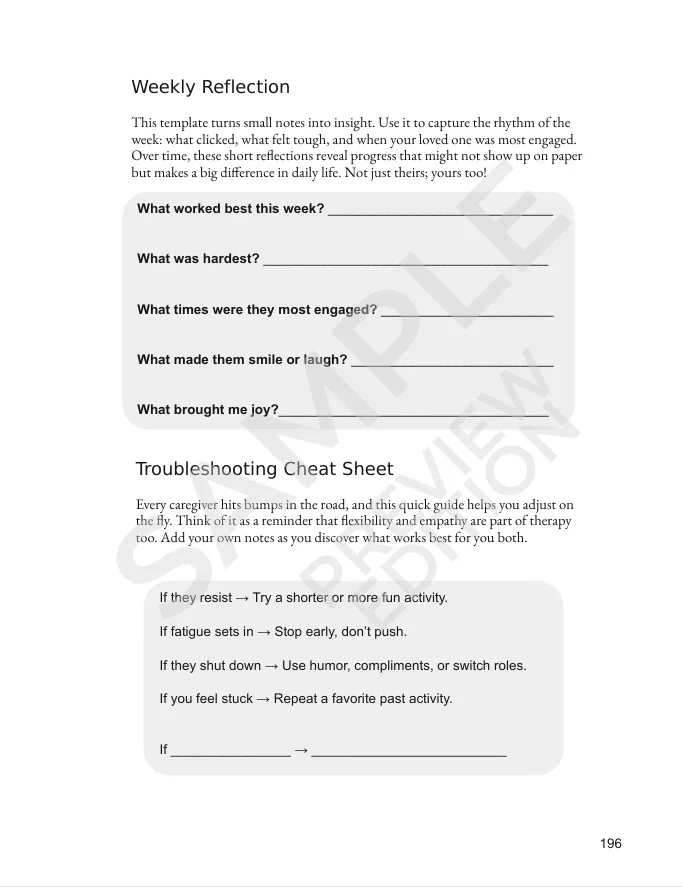 Reflection table section from hidden therapy for caregivers to track progress