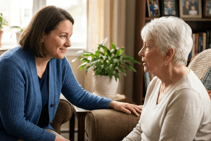 Picture of a caregiver listening to an older woman talking during a Hidden Therapy exercise.