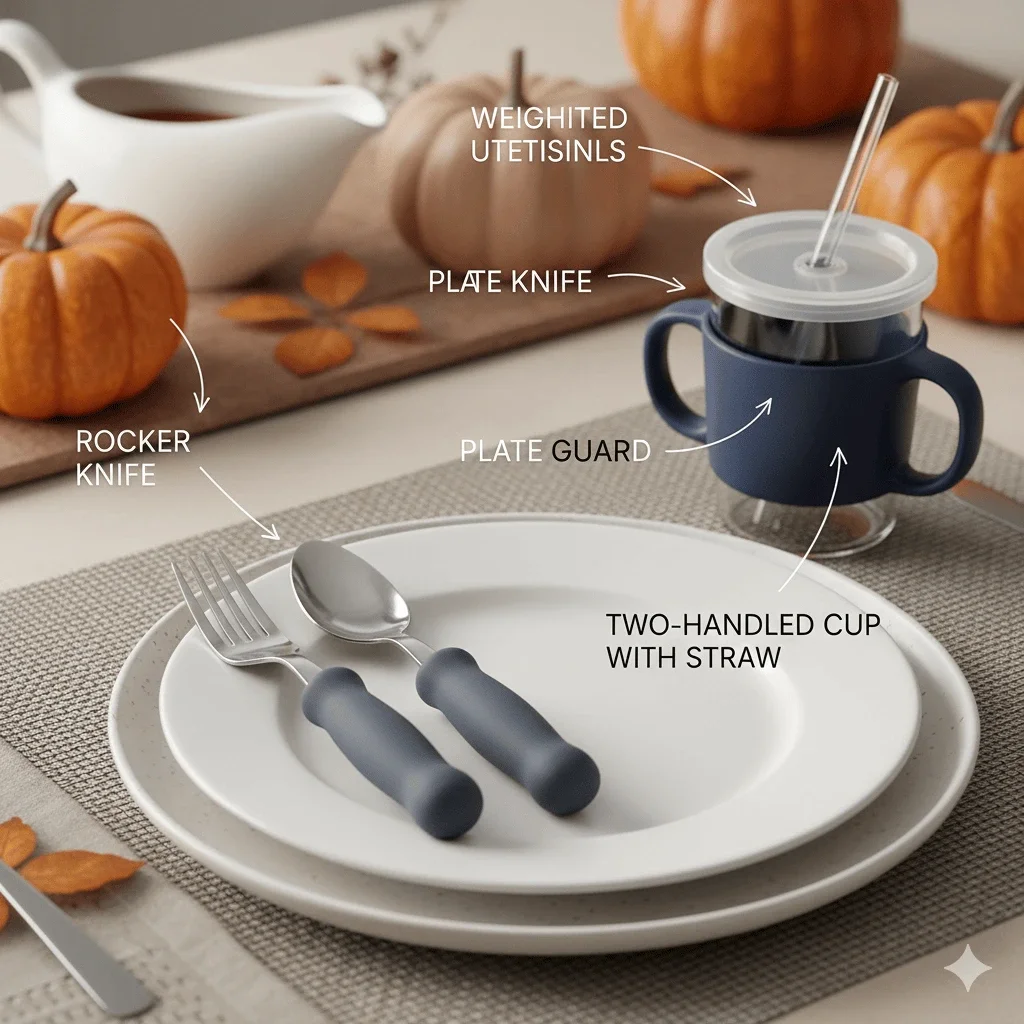 weighted utensils rocker knife plate guard and two handled cup with straw demonstrating safe eating tools for dysphagia parkinsons