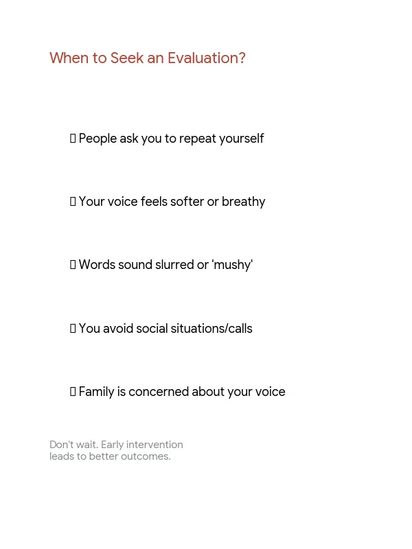 Checklist of signs indicating when to seek speech therapy for Parkinson’s voice and communication changes
