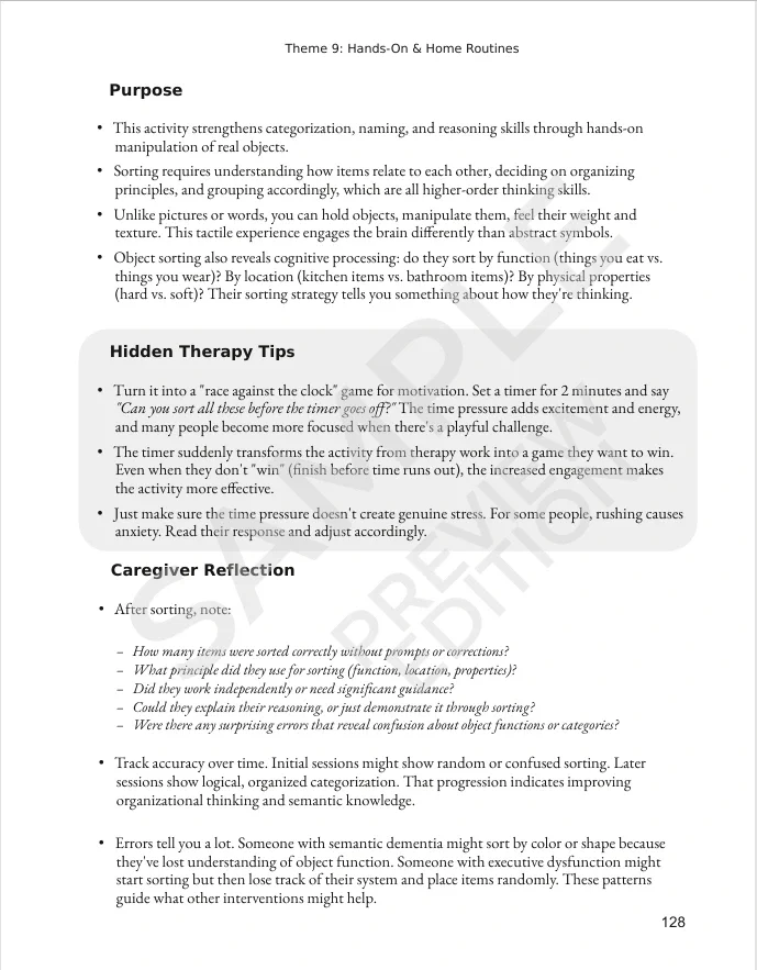 Object sorting exercise purpose, tips, and reflection page.