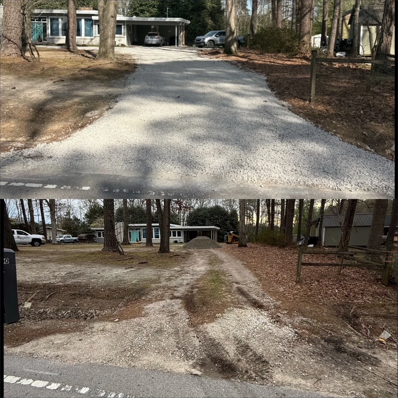 Gravel Driveway Install. Regrading, Before and After picture of a gravel driveway restoned. Yard Regrading, drainage. Gravel Road Construction. Gravel Driveway Construction. Land Leveling 