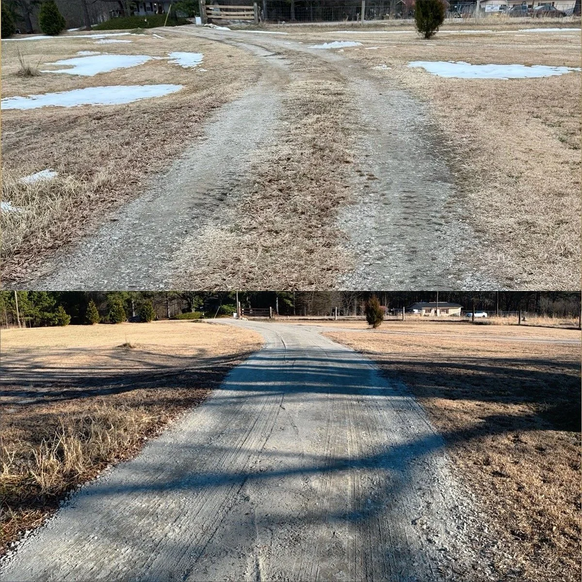 Before/After Gravel Driveway regrading grading stone driveway refresh centerline grading raleigh wendell zebulon wilson louisburg wake forest rolesville
