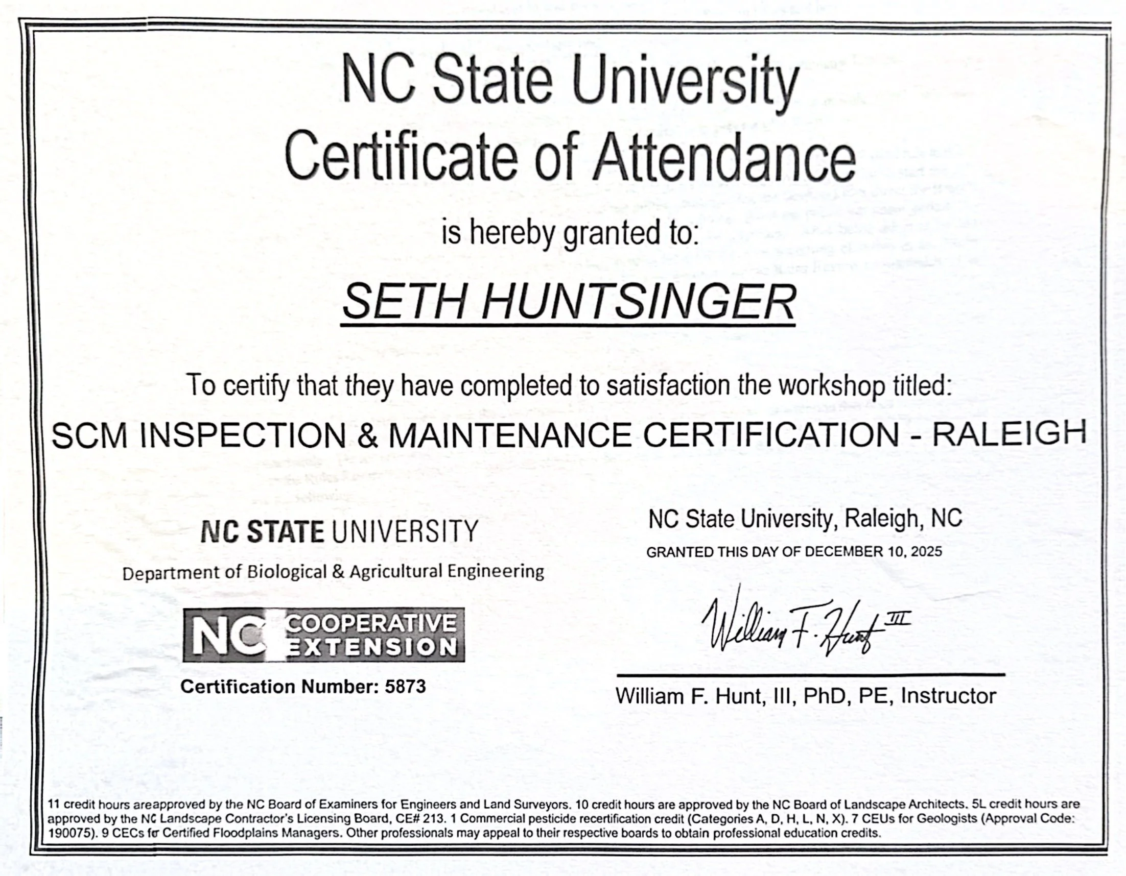 Certificate license for SCM Storm Water Control measure pond maintenance inspection and construction