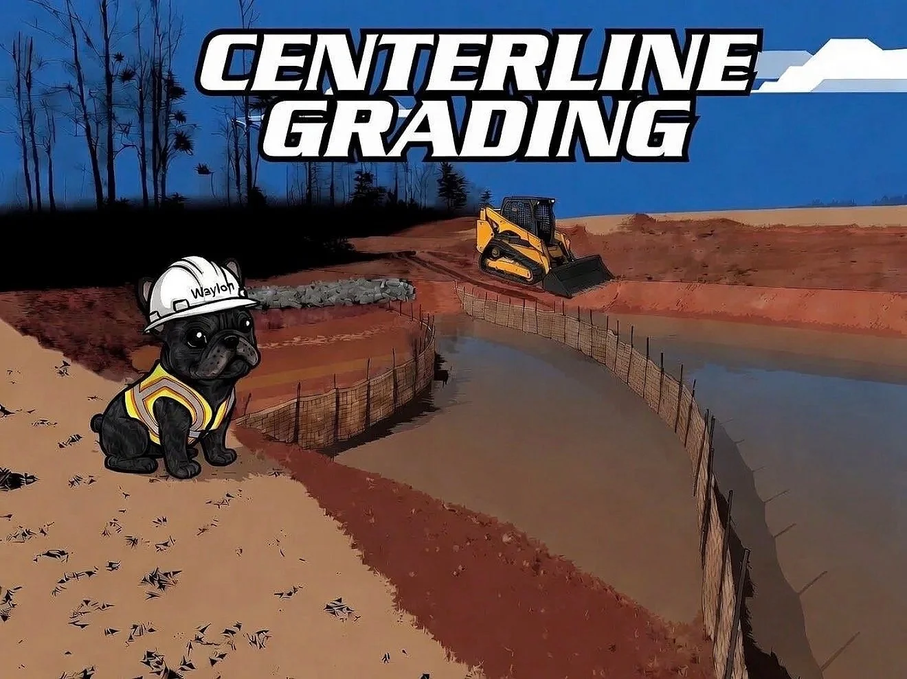 Retention pond construction, SCM Conversions, Pond Conversions with skid steer, silt fence and waylon the company mascot #wendell, #raleigh, #johnstoncounty #wilson #nashcounty #youngsville #franklinton #wakeforest #durham #cary #garner #apex