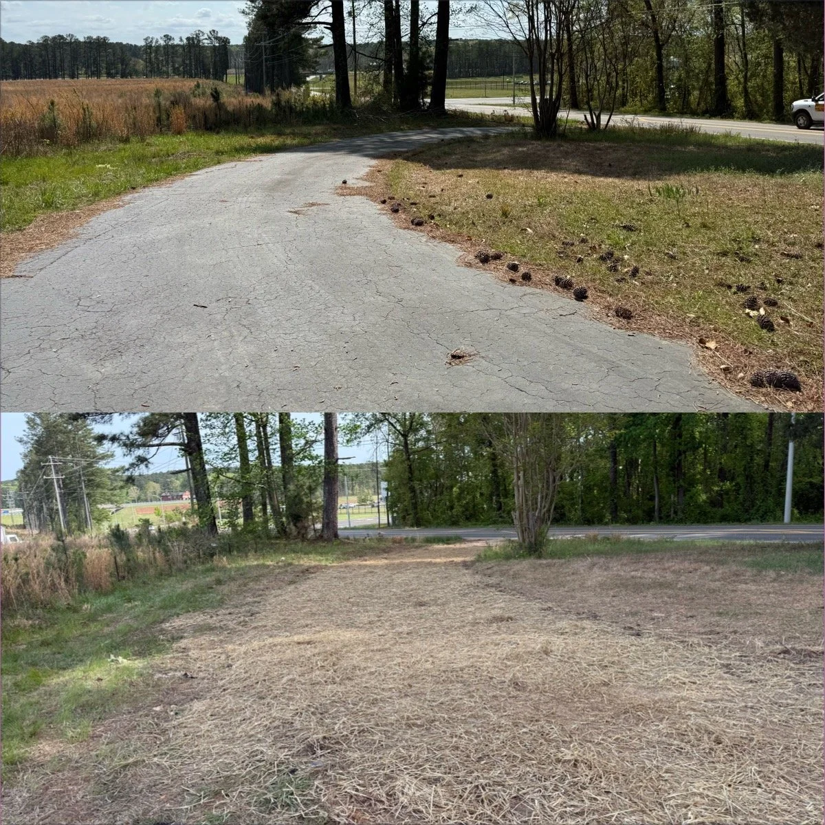 Before and After Comparison of driveway removal then seed and straw. Erosion Control. Regrading, Resloping. Land leveling services, grading, debris removal. house demo. Asphalt Driveway