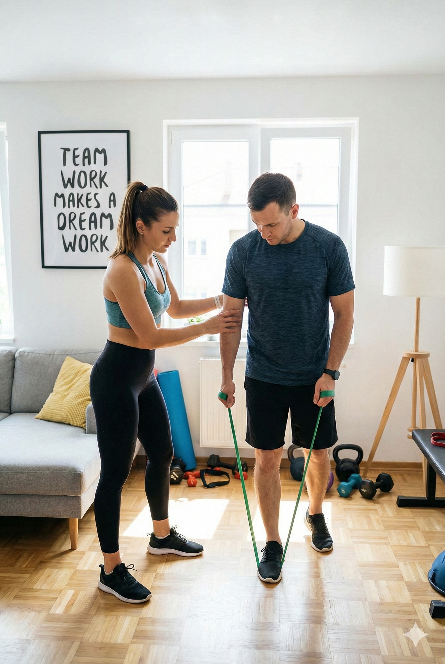 A woman helps a man with a resistance band exercise in a home gym, with workout equipment in the background and a motivational framed quote on the wall.