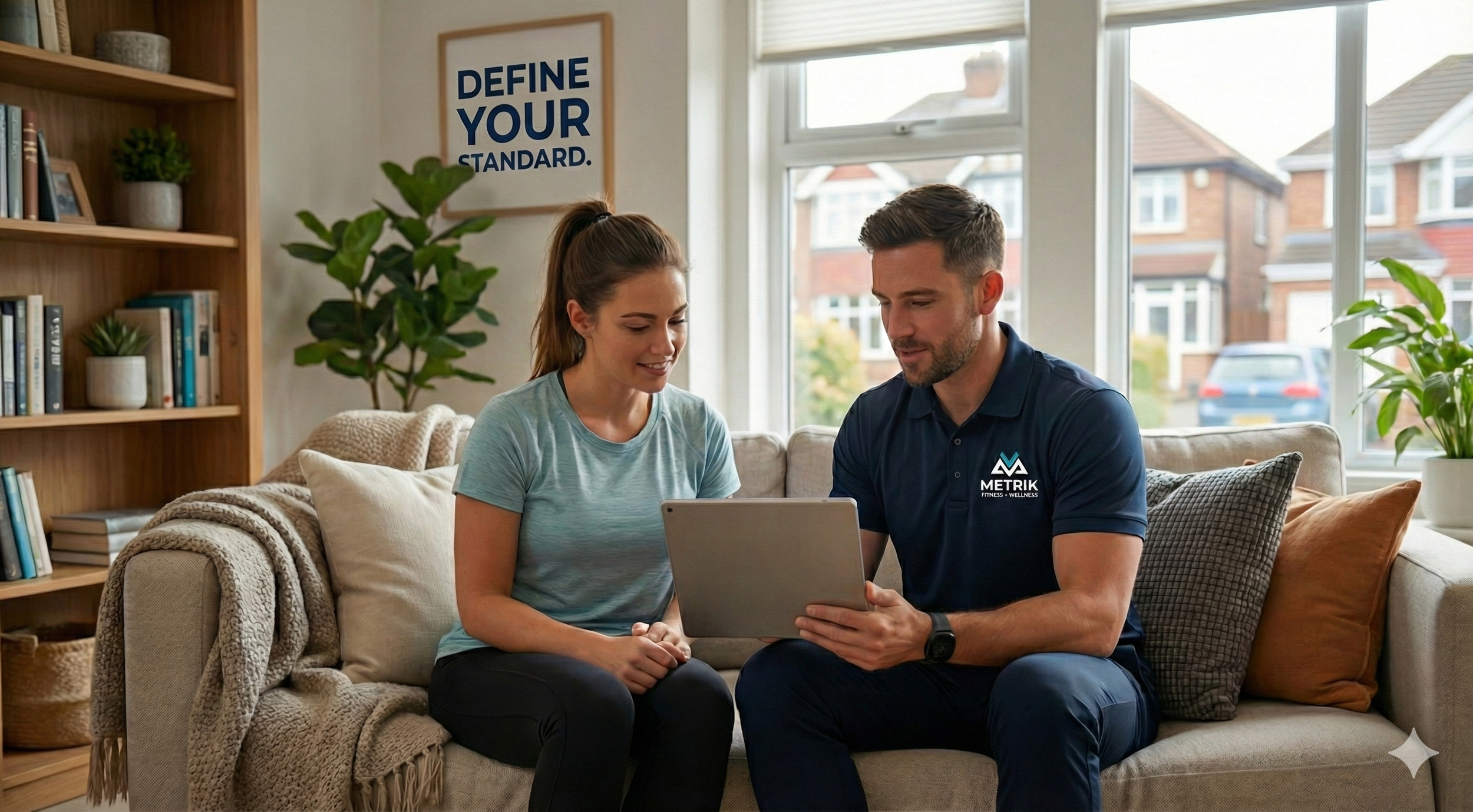 A man and woman sitting on a beige couch in a living room, looking at a tablet together, with a window showing suburban houses in the background.