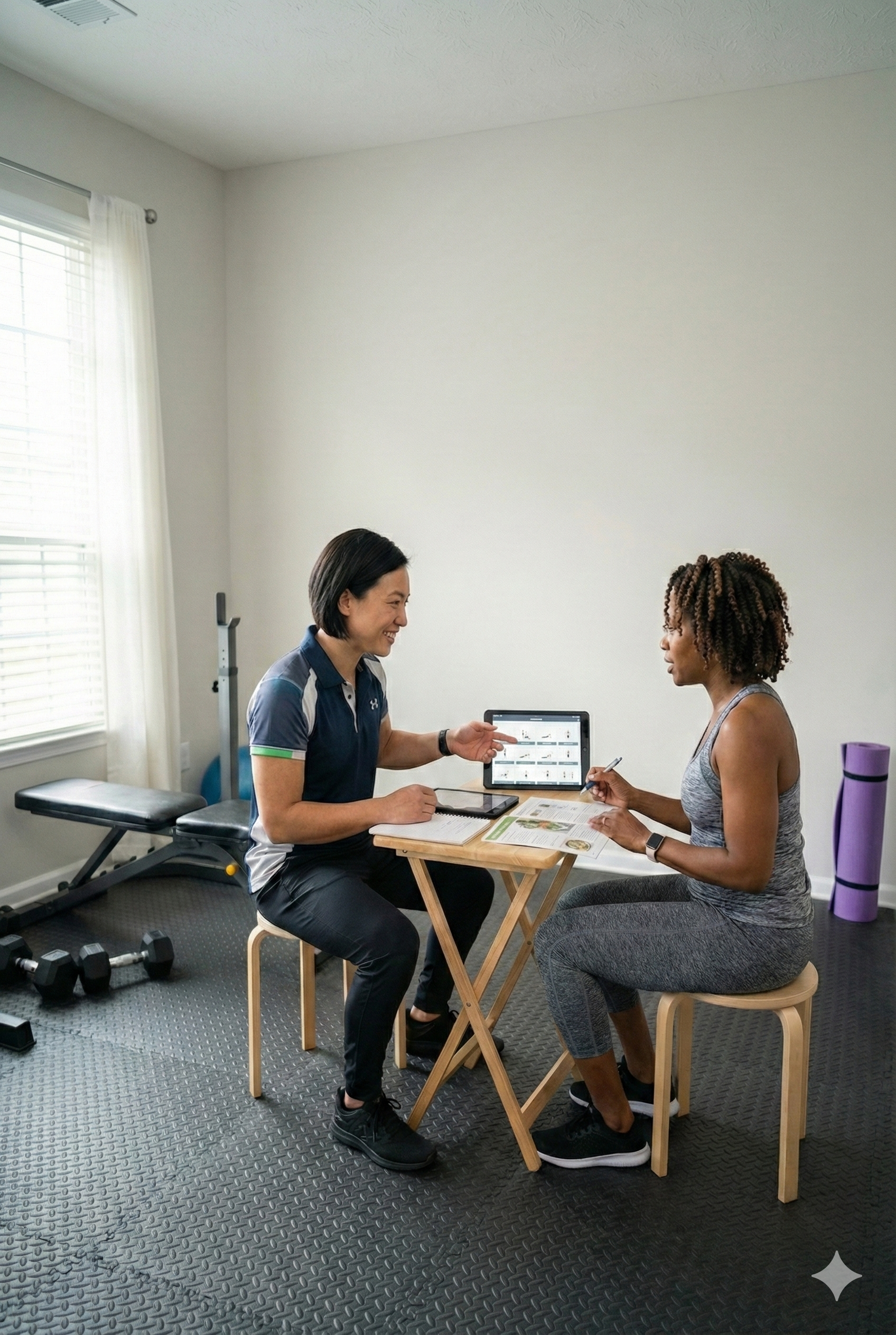Two women sitting at a small wooden table in a home gym, discussing workout plans with one woman pointing at a tablet and the other holding a pen and paper.