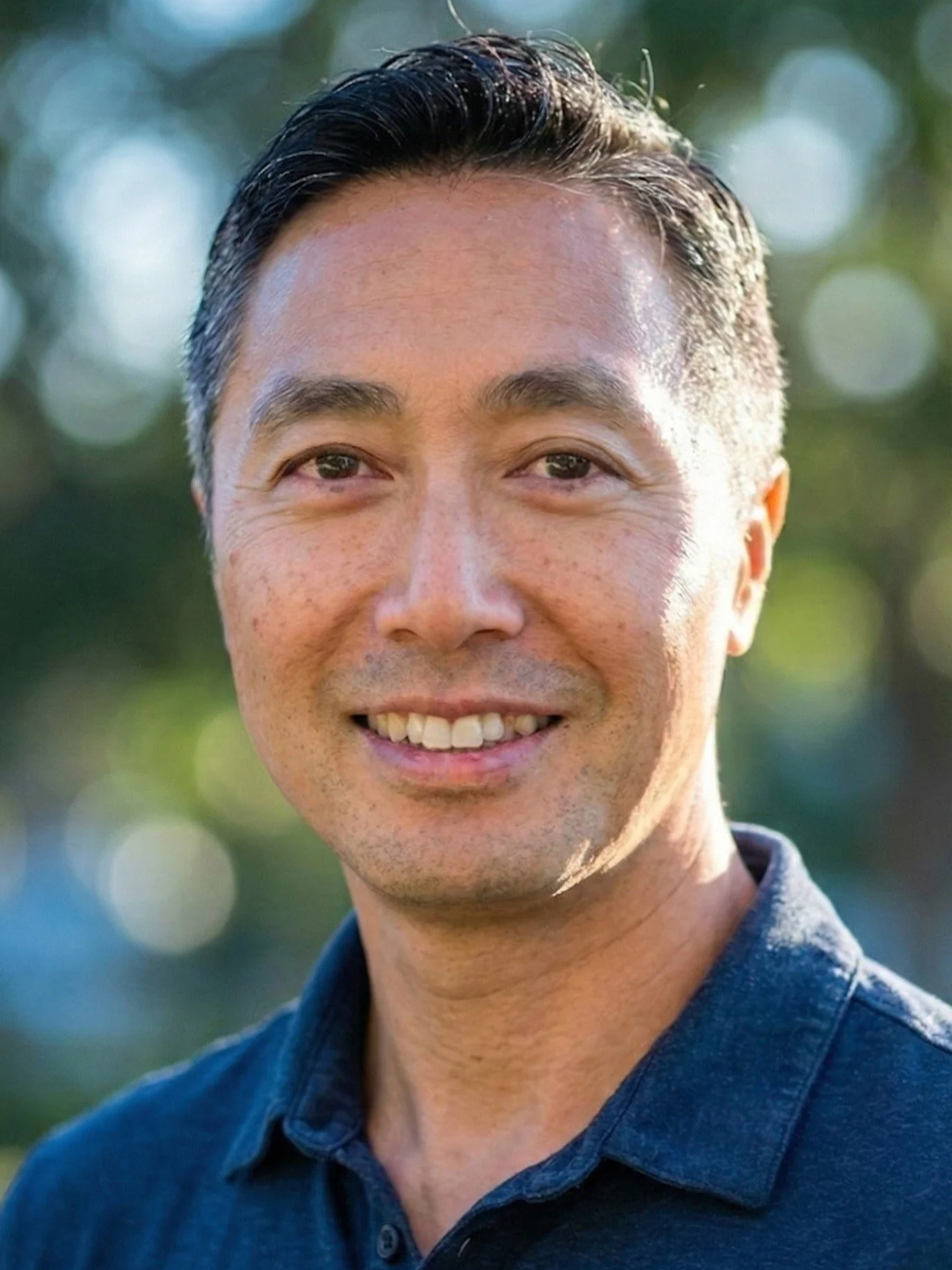 A smiling man with short black hair, wearing a dark blue collared shirt, outdoors with blurred greenery in the background.