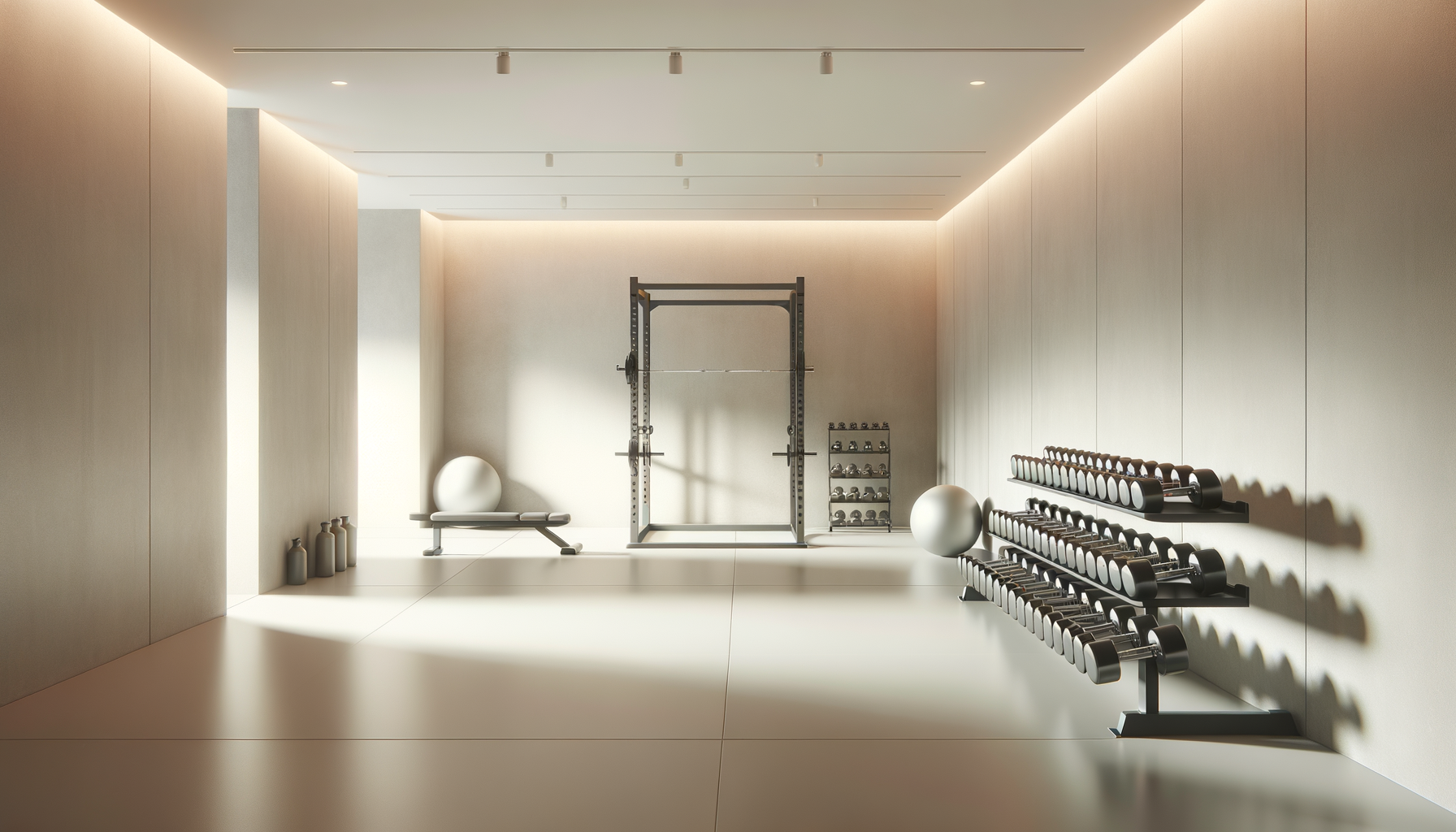 Ein moderner Fitnessraum mit Hanteln, einer Bank, einer Hantelstange, einem großen Ball, einem Rack mit Gewichten und Wasserflaschen.