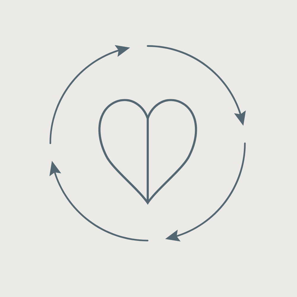 A heart outline encased within a circular arrow, symbolizing love and cyclical renewal.