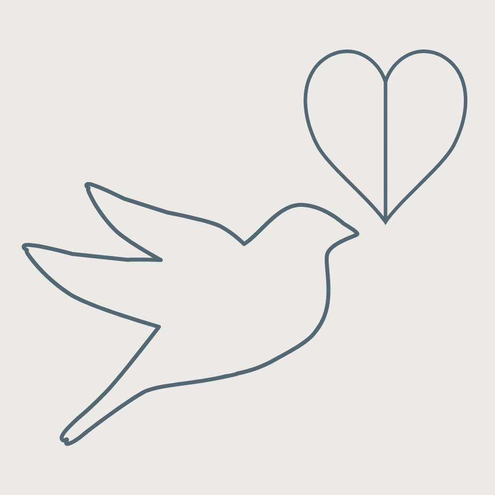 Outline drawing of a hummingbird flying towards a heart-shaped leaf.