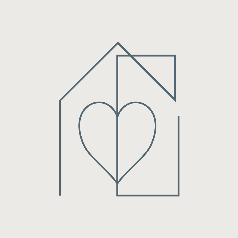 Line drawing of a house with a heart and a flag in the window.