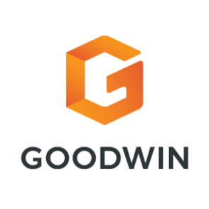 The image features a logo with the word "GOODWIN" underneath a stylized orange and pink geometric shape that resembles a three-dimensional letter G.