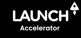Logo with the word 'LAUNCH' in bold white letters and an arrow pointing upward, with 'Accelerator' written below.