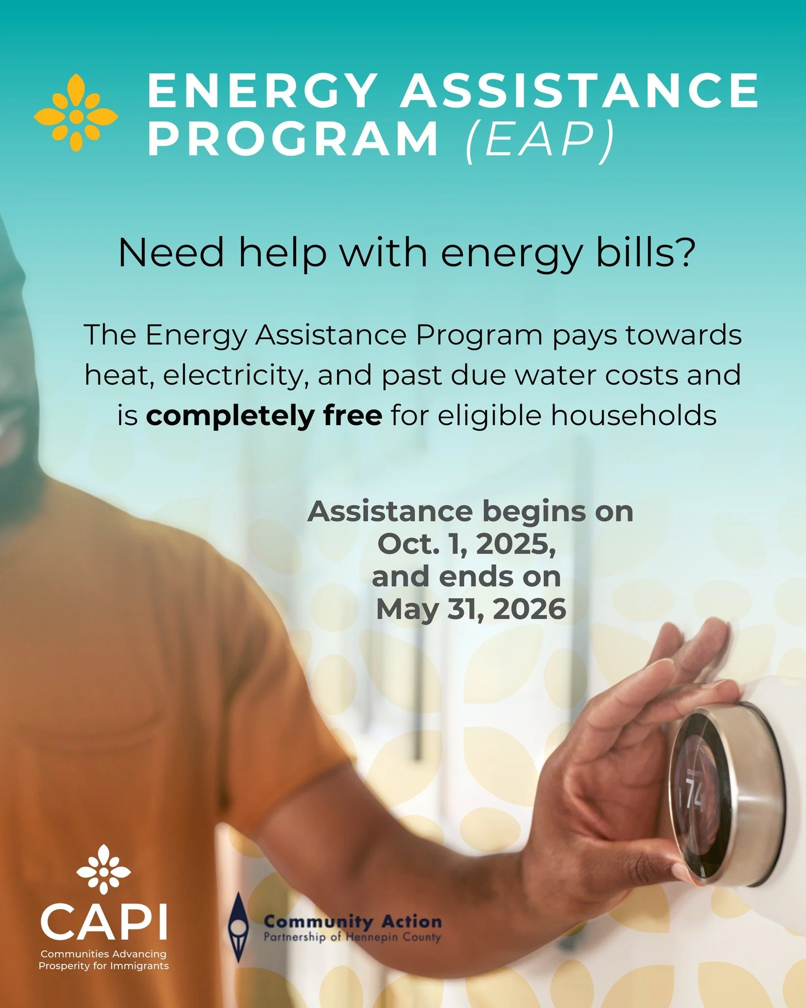 Need help with your energy bills? CAPI and Community Action Partnership are here to help.

The Energy Assistance Program makes payments towards heat, electricity, and past-due water costs, and is completely free for eligible households.

Assistance b