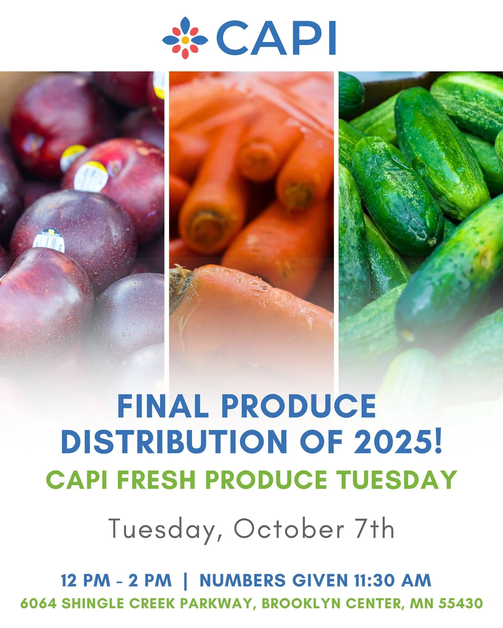 🥦 Tomorrow is our last Fresh Produce Tuesday of the season at the CAPI Food Shelf! Come stock up on fresh fruits &amp; veggies before the end of the harvest season! 🍎

 6064 Shingle Creek Parkway
12pm&ndash;2pm (numbers handed out starting at 11:30