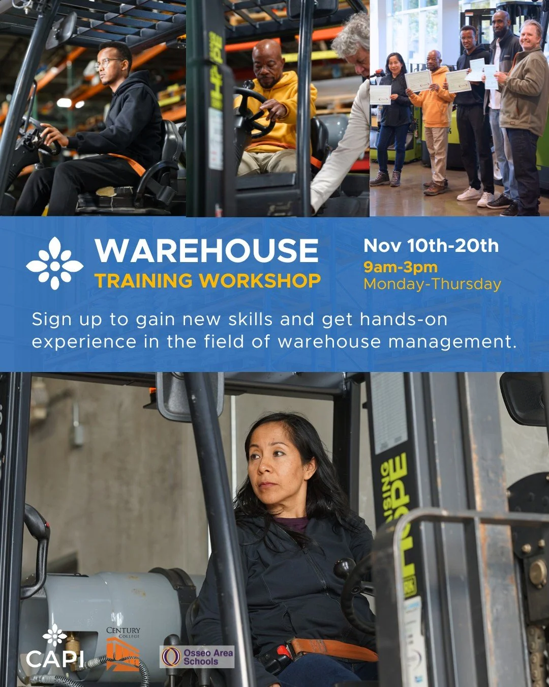 Sign up today for our Warehouse Training Workshop to gain new skills and hands-on experience in the growing field of warehouse management!

Session Dates:
November 10th - 20th
Monday-Thursday
9am-3pm

Location: Hybrid class - class will gather for so