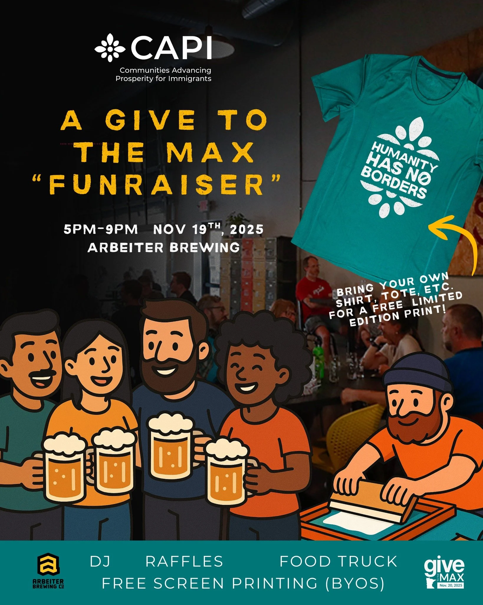 Join us next month to celebrate generosity and community with CAPI @arbeiterbrewing on Wednesday, November 19th from 5&ndash;9 PM for our Give to the Max &ldquo;Fun-raiser&rdquo;!

We&rsquo;re turning this evening into a full-on party with:
🎧 A live