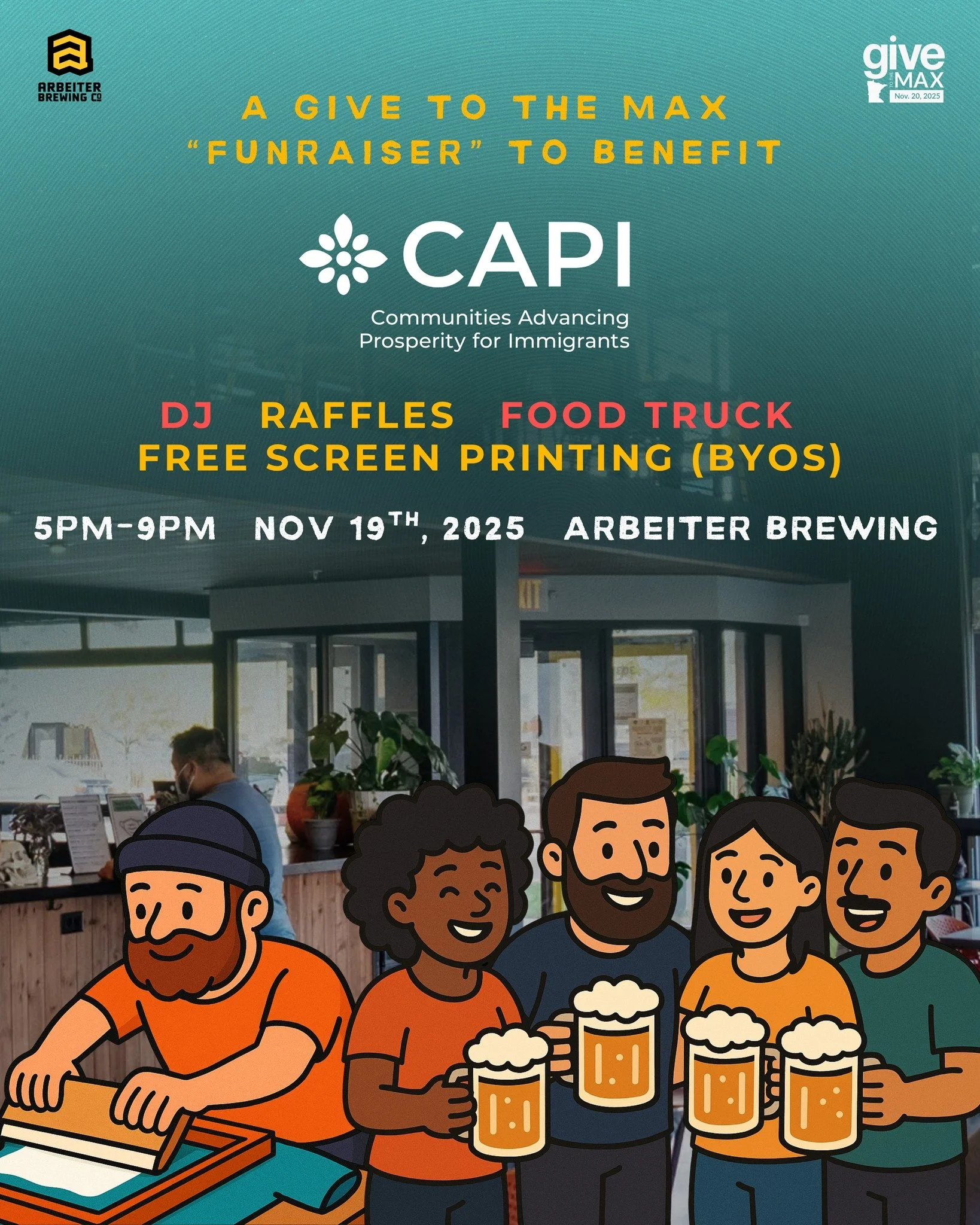 Join us in two weeks @arbeiterbrewing  on Nov. 19 from 5 - 9 pm for a Give to the Max &ldquo;funraiser&rdquo;!

Bring your own t-shirt, tote, or other item from 6 - 8 pm to get a free, limited edition screen print designed to show your support of our
