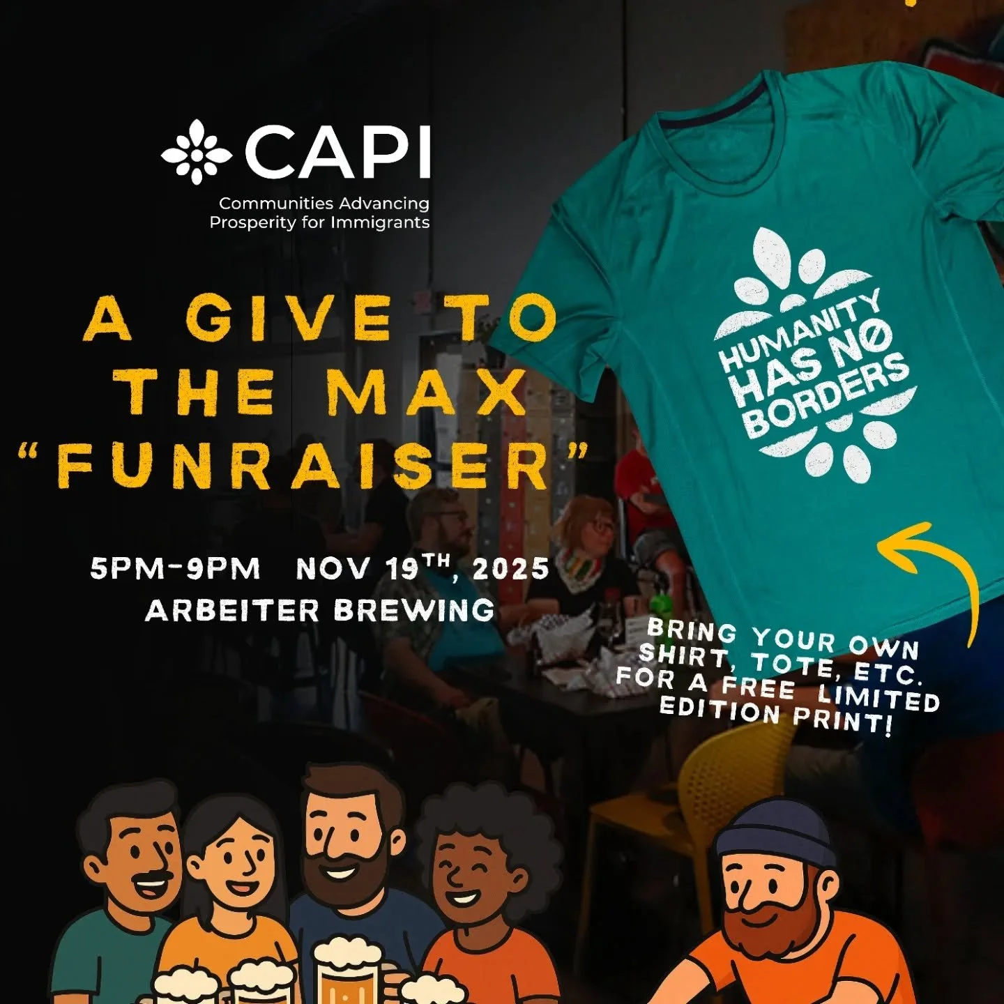 Get ready &mdash; our Give to the Max Fun-raiser at Arbeiter Brewing is THIS Wednesday! 🎉💛

Join CAPI from 5&ndash;9pm for an evening of community, music, and generosity. We&rsquo;ll have:
🎧 A live DJ
🎁 Prize raffles
🍴 A food truck
🖨️ FREE scre