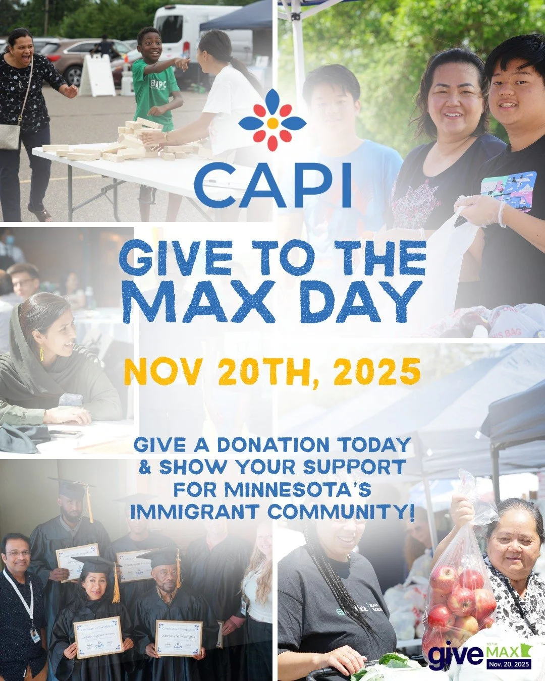 Today is Give to the Max Day &mdash; Minnesota&rsquo;s biggest day of giving!

This year, we invite you to invest in CAPI and in the immigrants and refugees who make our communities stronger. Your gift fuels culturally grounded, community-centered pr
