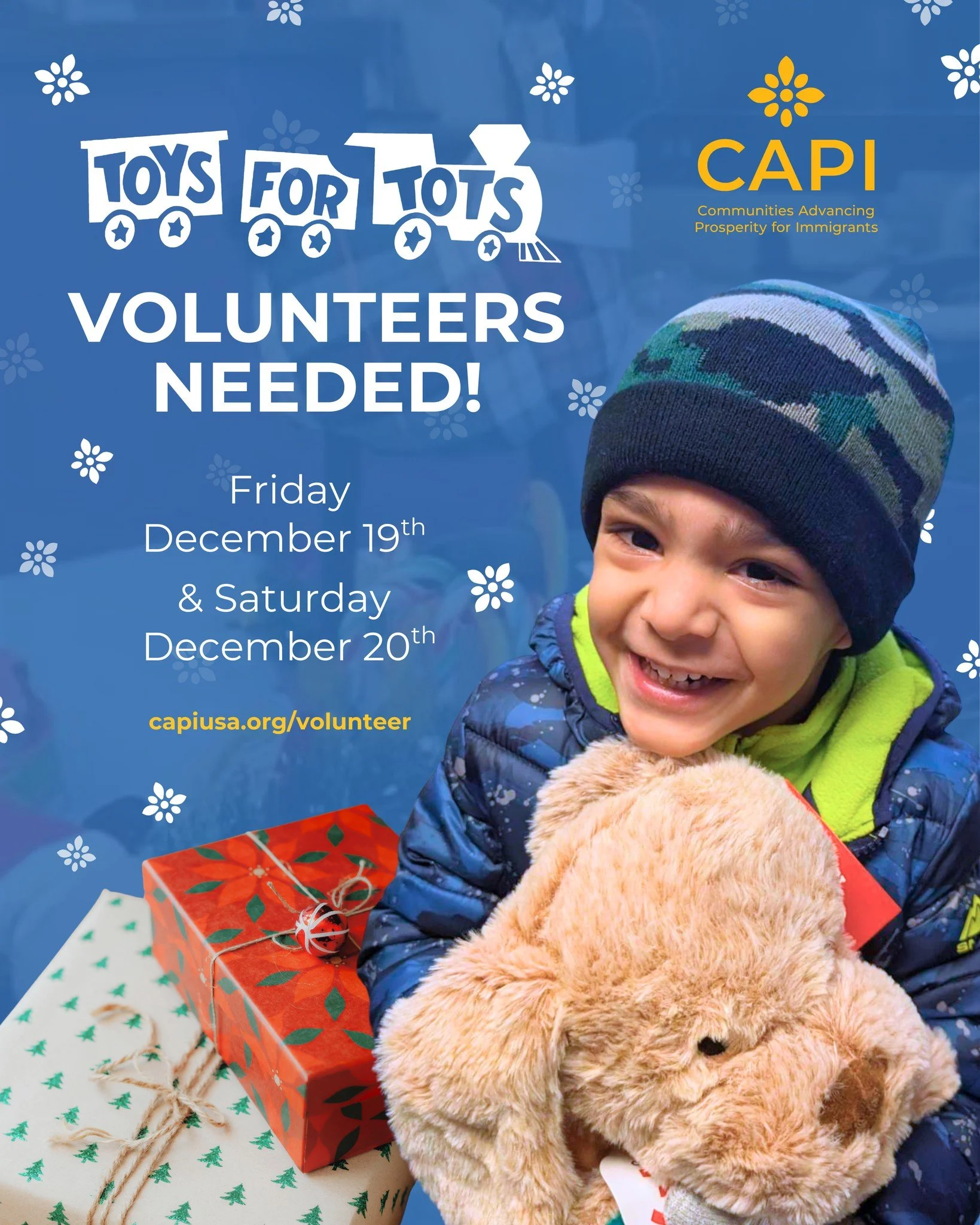 Join us in spreading joy this holiday season by getting toys to the children in your community! 

CAPI needs the help of a few volunteer elves at our Toys for Tots distributions to help families shop for toys, and if you&rsquo;ve got a knack for wrap