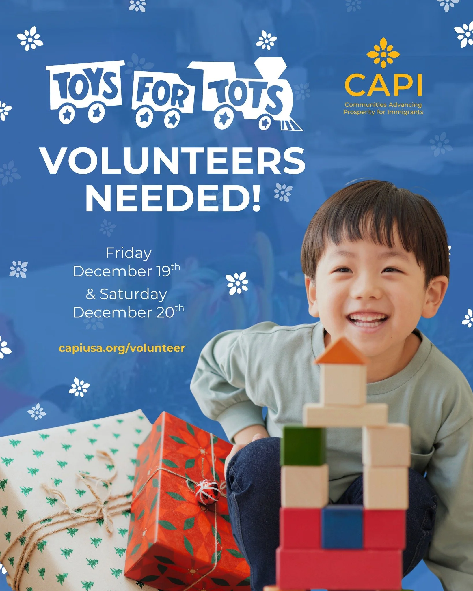 We still need helping hands to make sure every child gets a toy next Friday and Saturday!

CAPI&rsquo;s Toys for Tots distributions are around the corner, and we can&rsquo;t pull it off without a solid team of volunteer elves. Whether you love helpin