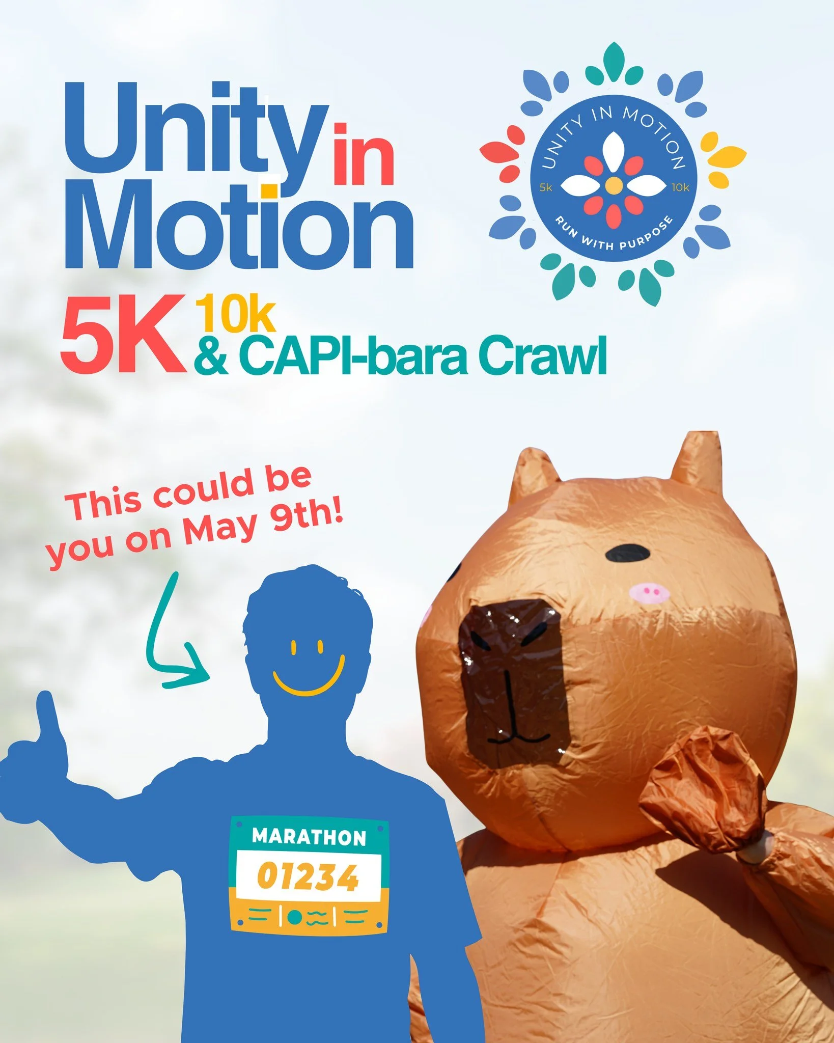 Join us for Unity in Motion on May 9th at Palmer Lake Park in Brooklyn Center. Run, walk, or roll (we won&rsquo;t judge!) with us and the CAPI Capybara in support of immigrant families in Minnesota.

When you register for the race, you&rsquo;re direc