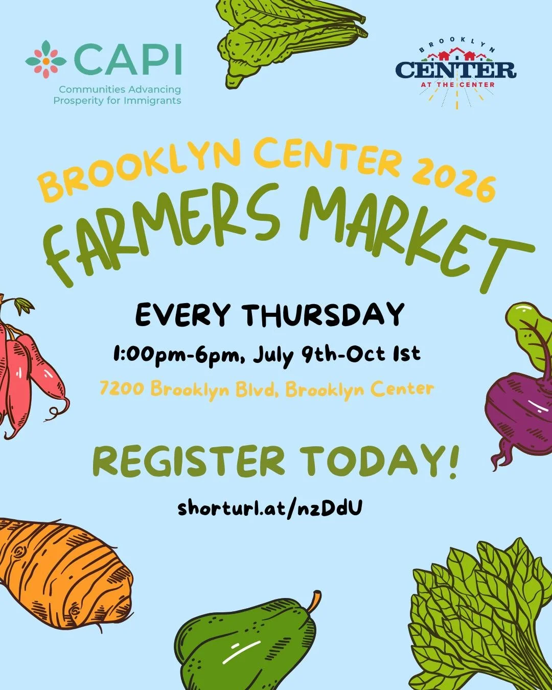 🫑🥕Register for the 2026 Brooklyn Center Farmer's Market 🥬🌶

It&rsquo;s that time again&mdash;another season of bringing fresh, local products to our community! Registration is open for farmers, artisans, craftspeople, and organizations interested