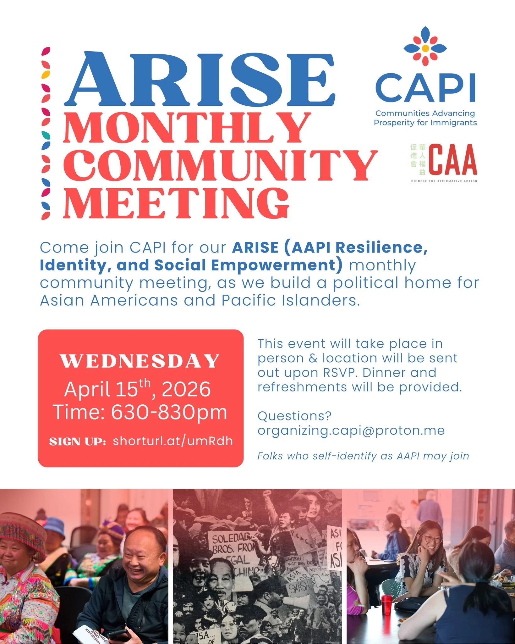 Come join us this Wednesday for our ARISE (AAPI Resilience, Identity, and Social Empowerment) monthly community meeting as we build a political home for Asian Americans and Pacific Islanders in MN and beyond.

For April, we will build deeper relation