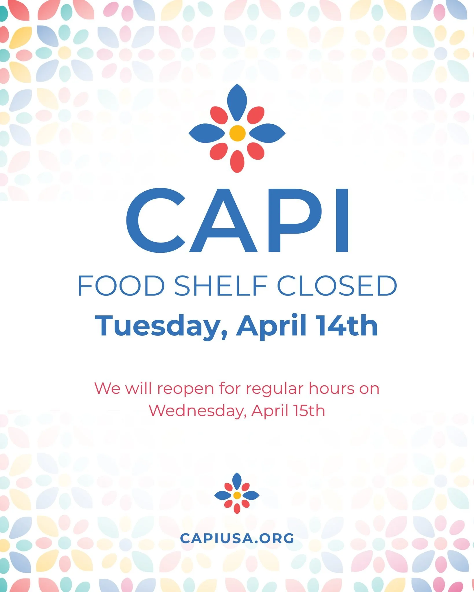 CAPI Food Shelf will be closed tomorrow, April 14th, for maintenance. We will reopen for our regular hours on Wednesday, April 15th. Thank you for your understanding!
--------------------

Lub Food Shelf yuav raug kaw tag kis rau kev kho. Peb yuav ro