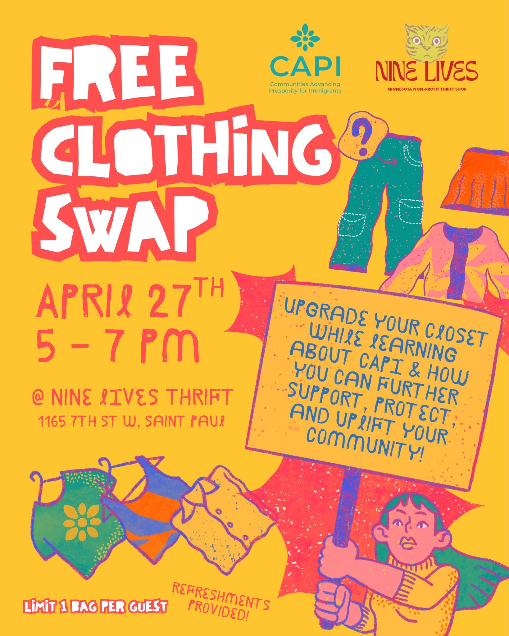 Join CAPI at @ninelivesmn for a free clothing swap where you can upgrade your closet while learning more about CAPI and how you can further support, protect, and uplift your community!

What's a clothing swap? Everyone participating brings in one bag