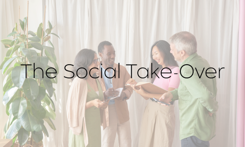Five diverse people involved in a social activity, exchanging books or papers indoors with light-colored curtains and a large potted plant in the background.
