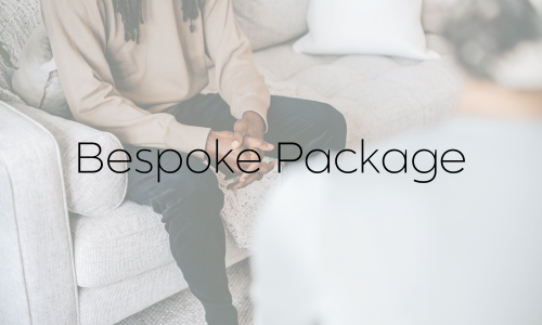 Someone sitting on a sofa with a pillow, holding their hands together, with the text 'Bespoke Package' overlayed.